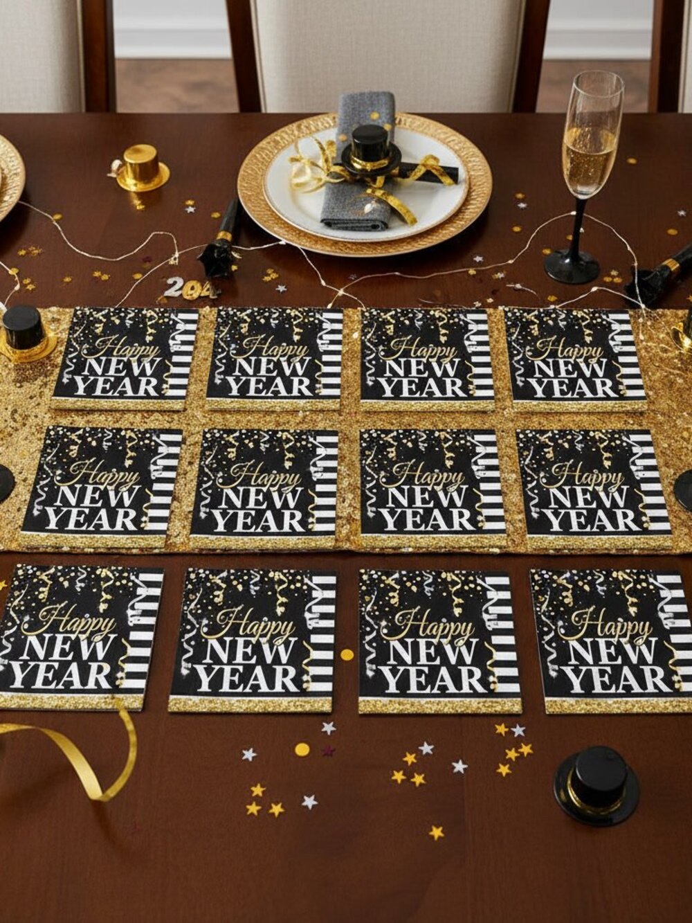 Forum Novelties Happy New Year Beverage Napkins 16ct - Black Gold 5x5"